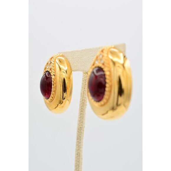 Givenchy Vintage Big Cabochon Clip On Earrings Red Gold Chunky Signed 1980s Bin1 - Picture 3 of 12